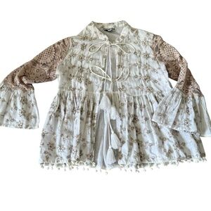 Barok NJ Couture Top Long Sleeve Tassel Sequin Lace Trim Boho in White/Taupe OS